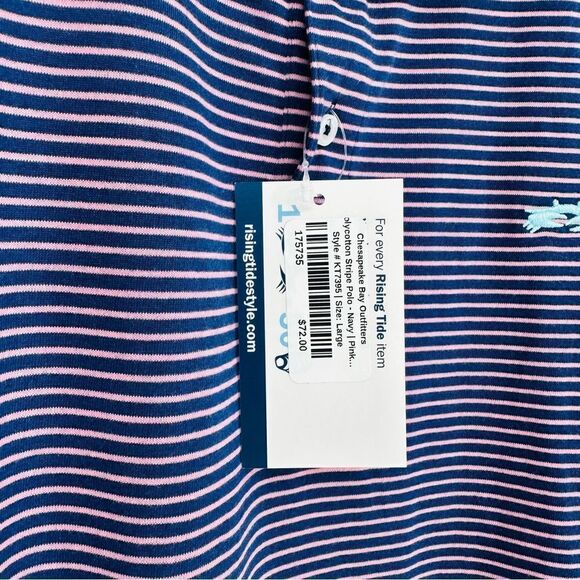 Rising Tide Stripe Performance Polo Shirt Short Sleeve Navy Pink Men's Large NEW - Picture 5 of 5